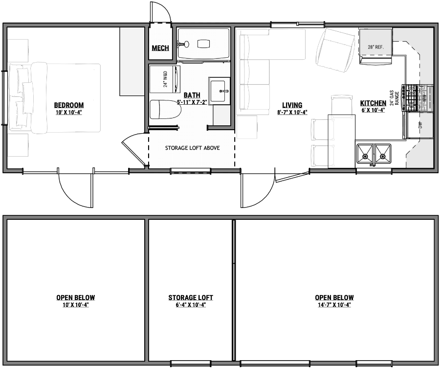 Floor plan of an Amberwood Tiny Home with a large main-floor bedroom, full bathroom, open living room, efficient kitchen, and upper storage loft with open areas below.