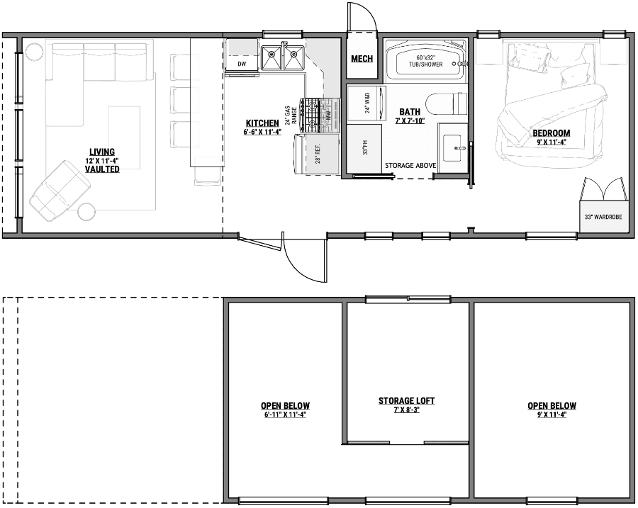 Floor plan of an Amberwood Tiny Home featuring a vaulted living room, modern kitchen, full bathroom, main-floor bedroom, and multiple upper storage lofts with open space below.
