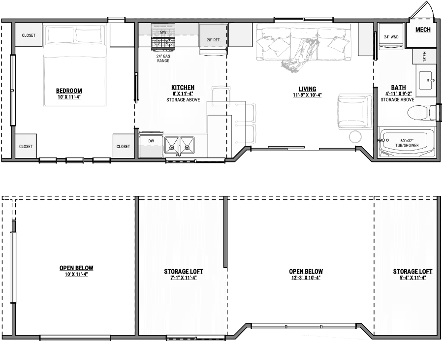 Floor plan of an Amberwood Tiny Home with a spacious bedroom, full kitchen, open living room, bathroom with tub/shower, and multiple upper storage lofts.