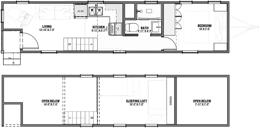 Floor plan of a larger Tiny Home layout with a main-floor living room, kitchen, bathroom, and private bedroom, plus an upper-level sleeping loft and open-to-below areas for added space and storage.