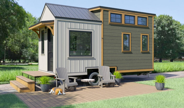 Exterior rendering of the Amberwood Moab Model tiny home