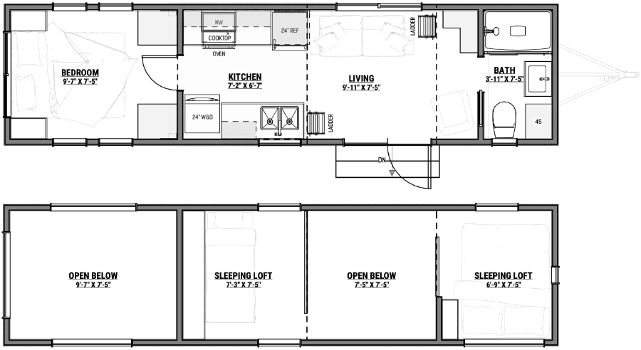 Floor plan of an Amberwood Tiny Home featuring a main-floor bedroom, kitchen, living area, bathroom, and dual sleeping lofts with open space below.