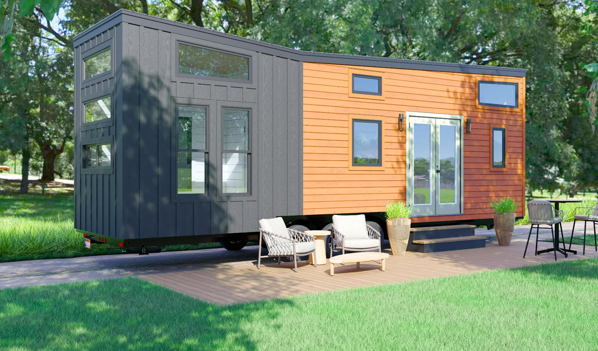 Exterior rendering of the Amberwood Tofino Model tiny home