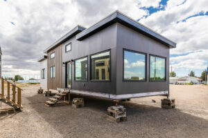 Tiny home exterior with large windows and modern design