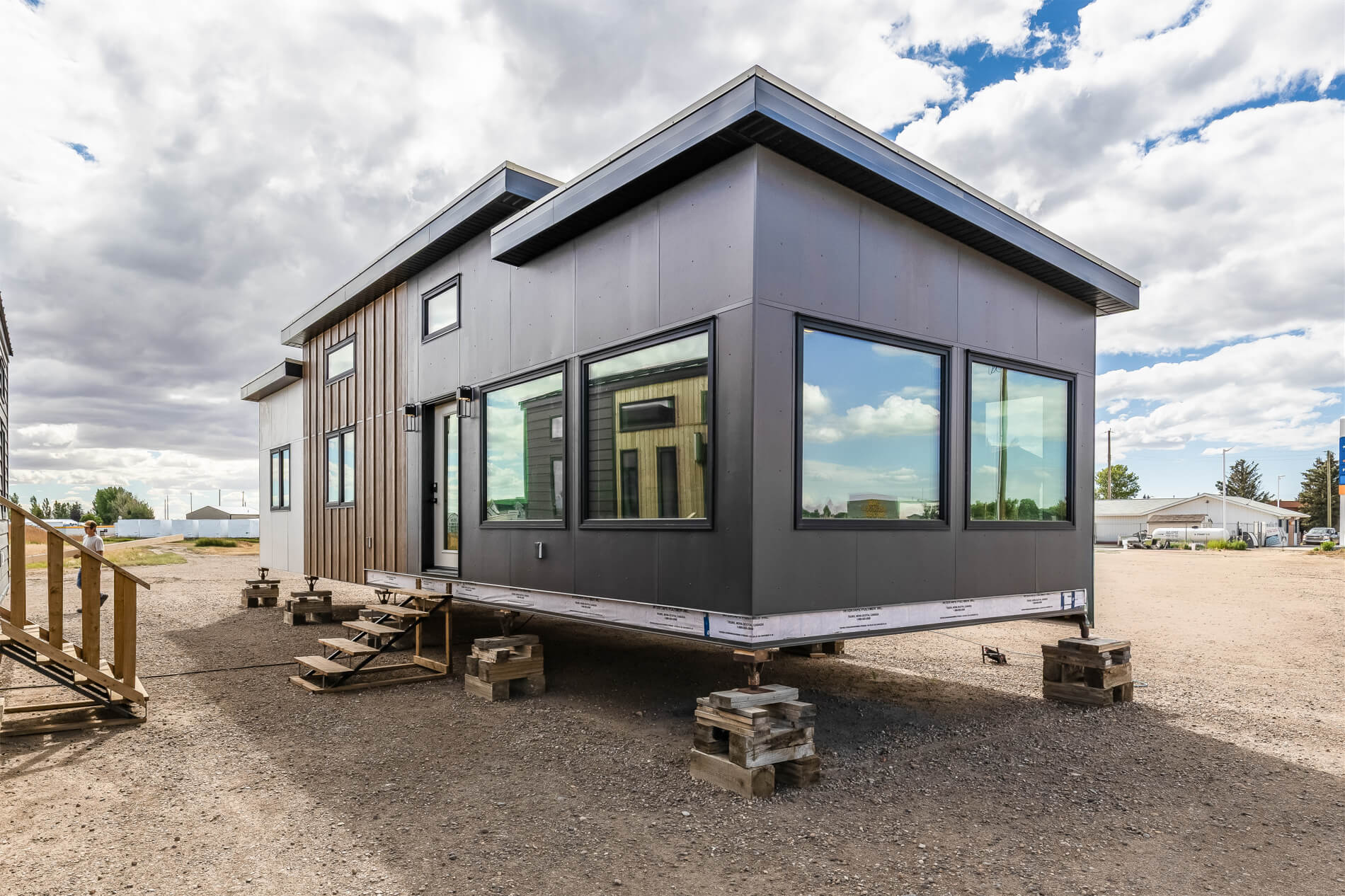 Tiny home exterior with large windows and modern design