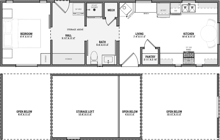 Floorplan preview for the Acadia tiny home model from Amberwood Tiny Homes