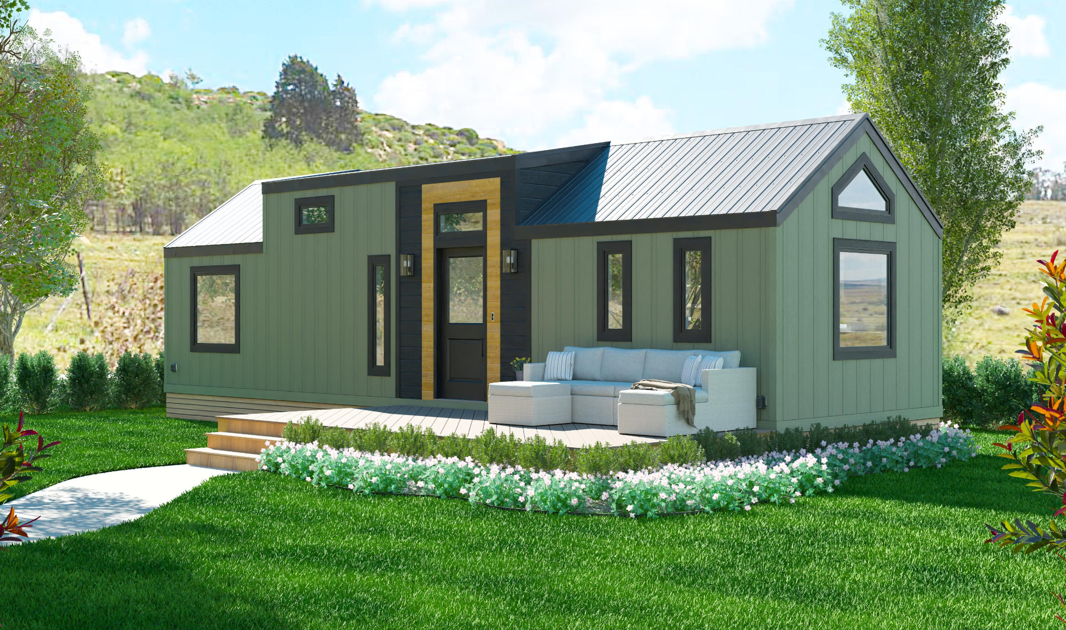 Digital rendering of the Acadia tiny home model from Amberwood Tiny Homes