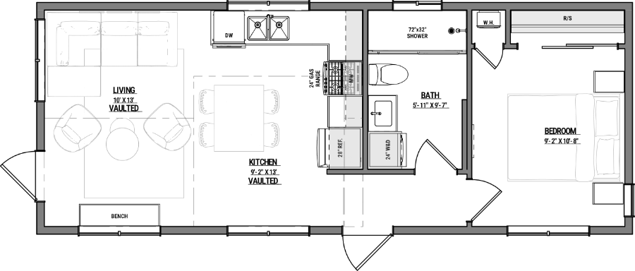Floorplan preview for the Kootenay tiny home model from Amberwood Tiny Homes