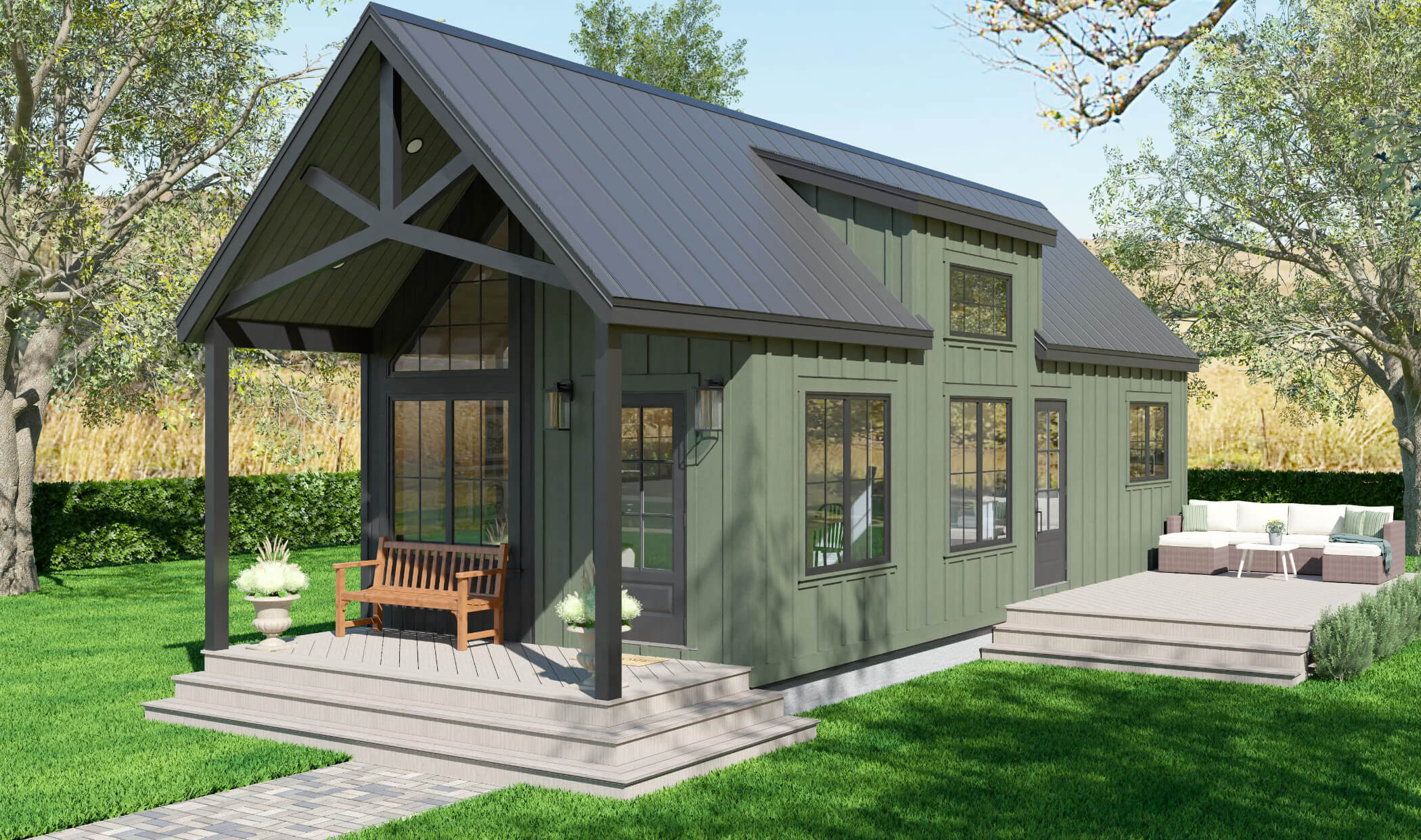 Digital rendering of the Kootenay tiny home model from Amberwood Tiny Homes