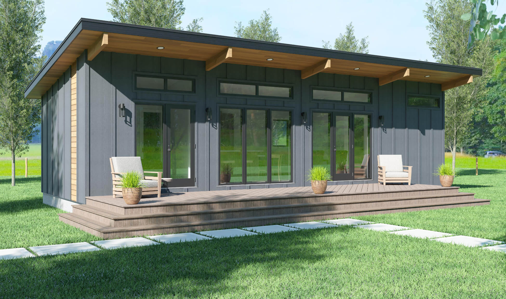 Digital rendering of the Revelstoke tiny home model from Amberwood Tiny Homes
