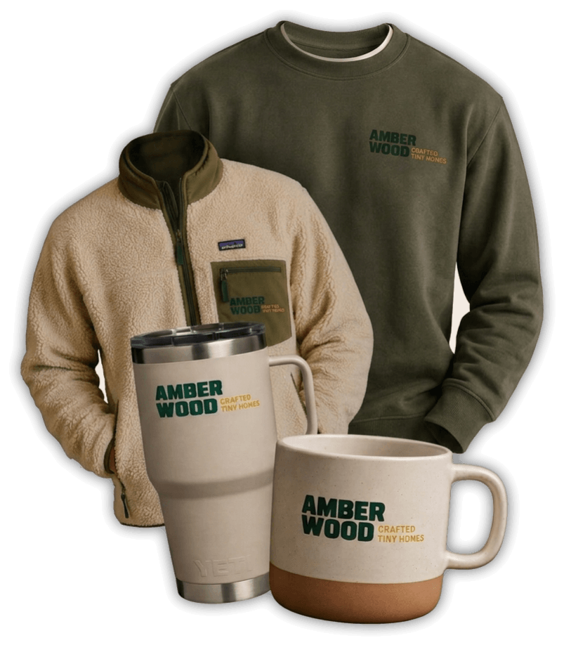A grouping of Amberwood products including branded clothing and mugs