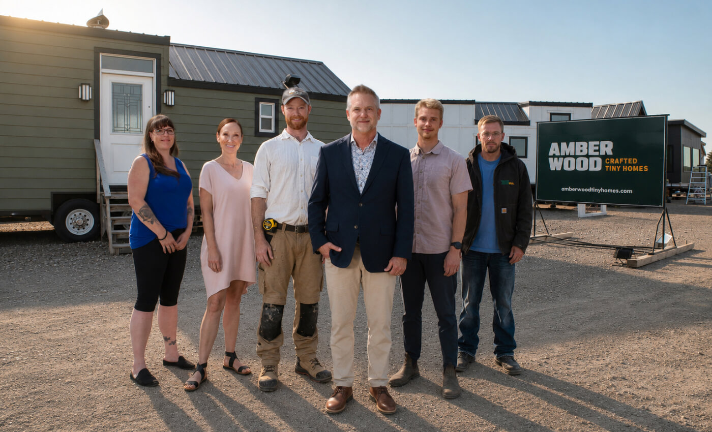 The Amberwood team, standing in front of one of the Amberwood tiny homes